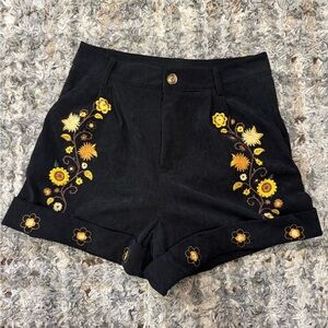 Embroidered Black courderoy high waist Floral Women's Shorts